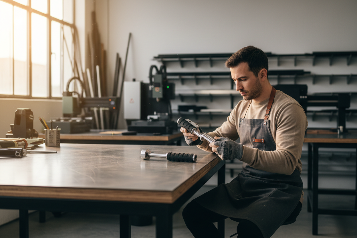 clean, modern workshop setting focused on precision and craftsmanship — a skilled person testing or assembling high-quality fitness or recovery gear made of metal and rubber, warm neutral lighting, industrial table, subtle depth of field, minimalist aesthetic, professional product photography, no branding or text, inspirational tone